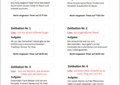 Ausgefüllte Zeitkärtchen mit Aufgaben für Silvester mit Kindern