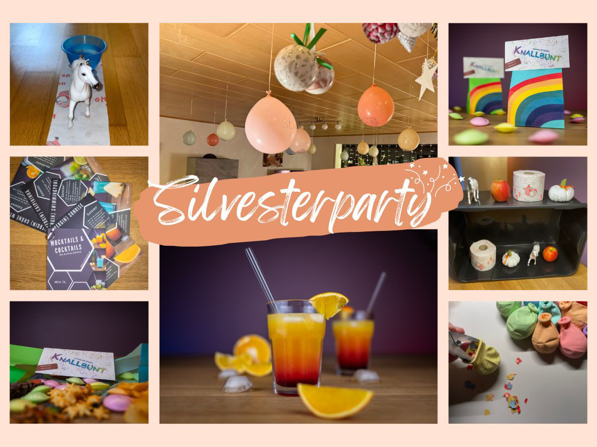 Silvesterparty mit Kindern – Kreativer Familienabend Silvesterparty mit Kindern als Collage aus Spielen, Snacks und Zeitluftballons